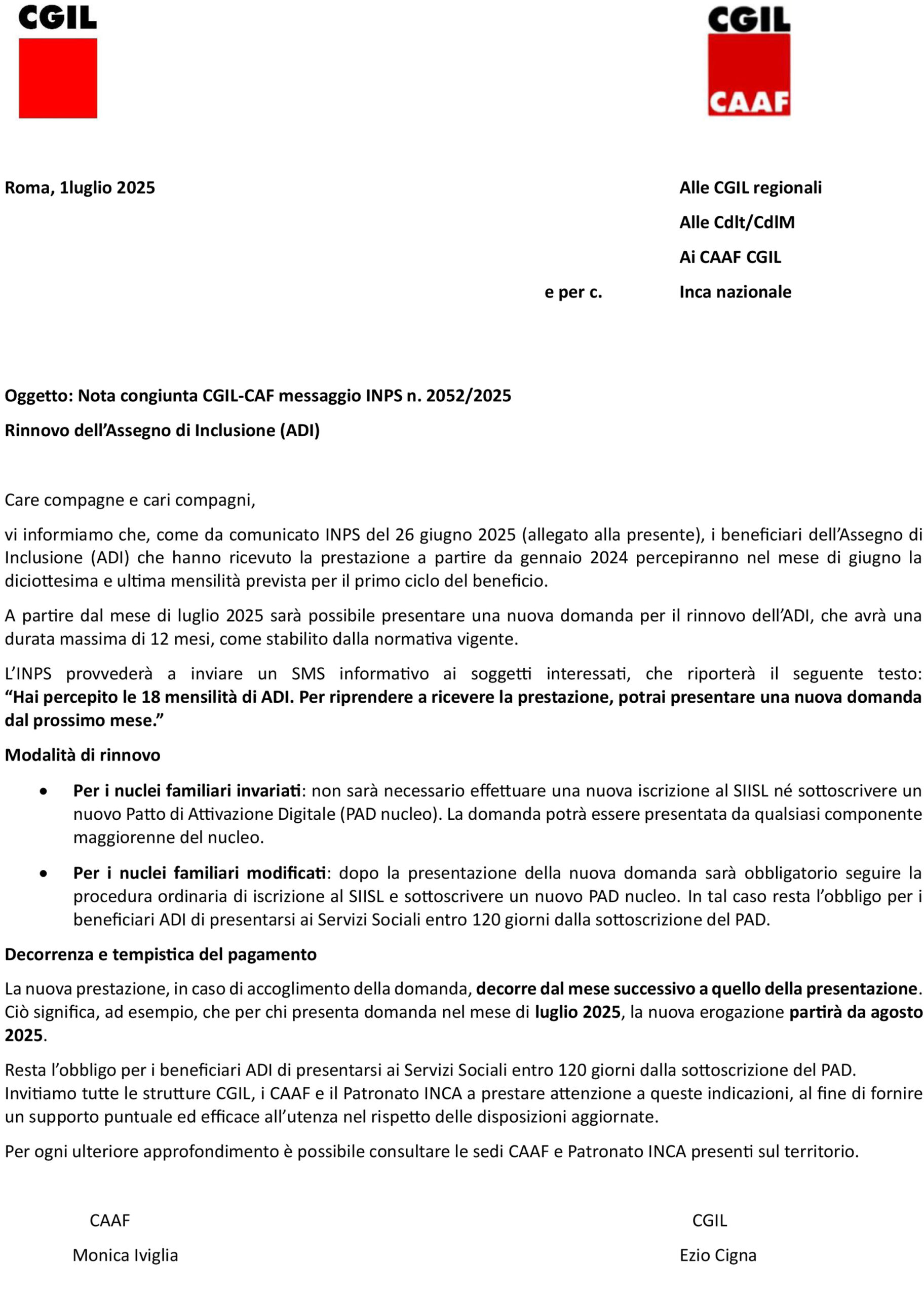 Nota congiunta CGIL-CAF messaggio INPS n. 2052/2025